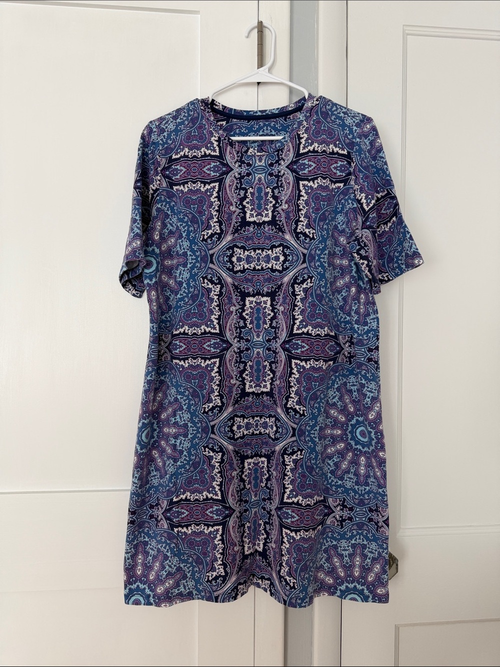Short Sleeve Mini Dress in Blue and Purple Paisley